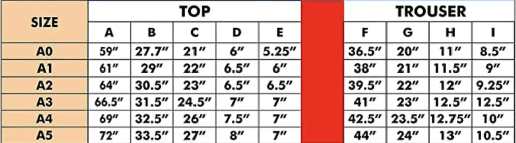 FightX Gi Size Chart