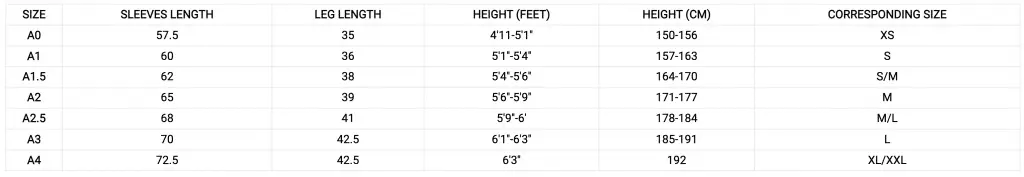 Venum Gi Size Chart