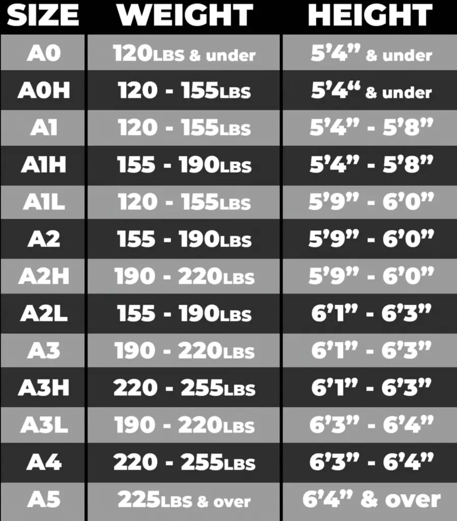 Gold BJJ Gi Size Chart