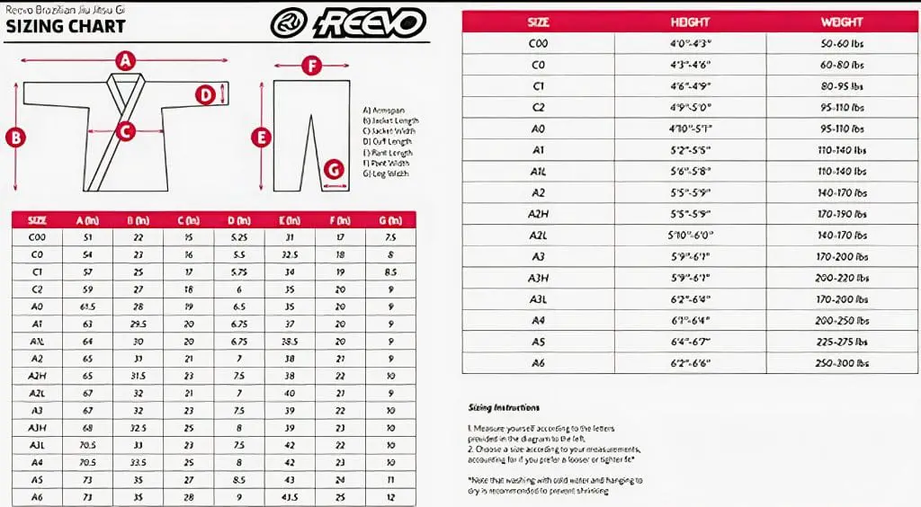 Reevo Gi Size Chart